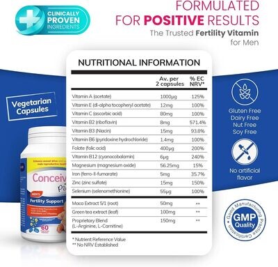 Conceive Plus Fertility Supplements for Men - Optimal Sperm Count &amp; Motility - Maca, L-Arginine, Zinc, Folate Folic Acid &amp; Magnesium - Conception Vitamins for Men, 60 Capsules, 30 Day Supply