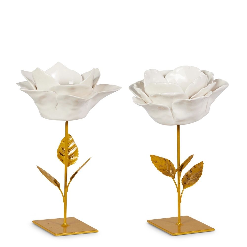 White &amp; Gold Flower Candle Holders