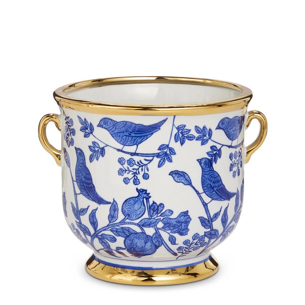 Blue Bird Cache Pot with Handles 7.5"