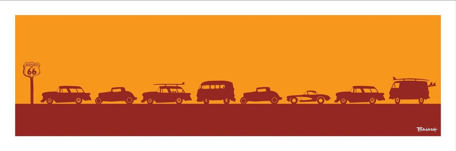 ROUTE 66 ROW OF HOT RODS | CANVAS | 1:3 RATIO | LIFESTYLE | ILLUSTRATION