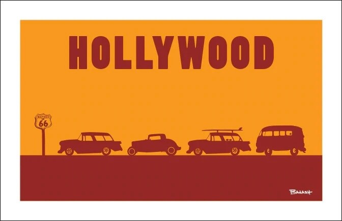 ROUTE 66 HOLLYWOOD HISTORIC US 66 HOT RODS | CANVAS | 1:3 RATIO | LIFESTYLE | ILLUSTRATION