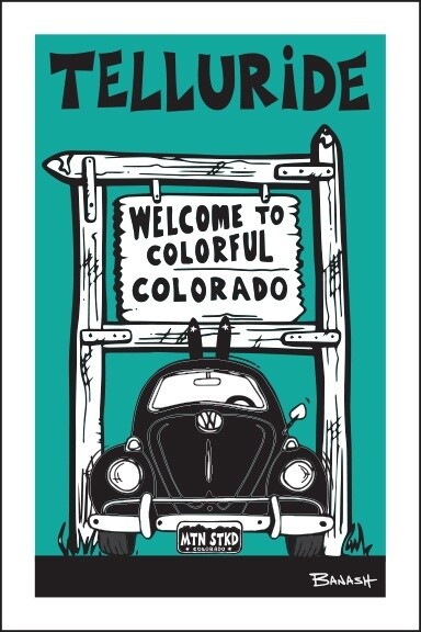 WELCOME SIGN SKI BUG GRILL TELLURIDE BLK/AQUA | CANVAS | ILLUSTRATION | 2:3 RATIO