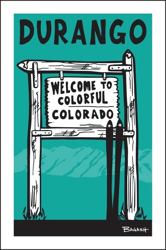 WELCOME SIGN SKIS DURANGO BLK/AQUA | LOOSE PRINT | 2:3 RATIO | LIFESTYLE | ILLUSTRATION