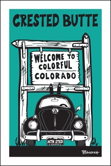WELCOME SIGN SKI BUG GRILL CRESTED BUTTE BLK/AQUA | LOOSE PRINT | 2:3 RATIO | LIFESTYLE | ILLUSTRATION