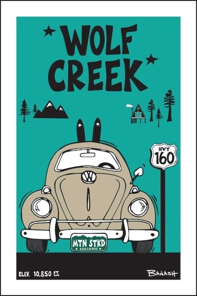 WOLF CREEK SKI BUG GRILL HWY 160 BLK/AQUA | LOOSE PRINT | 2:3 RATIO | LIFESTYLE | ILLUSTRATION
