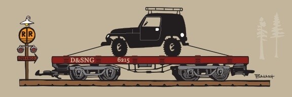 D&amp;SNG RR FLAT CAR JEEP TRANSPORT DURANGO | LOOSE PRINT | D&amp;SNG | 1:3 RATIO | LIFESTYLE | ILLUSTRATION