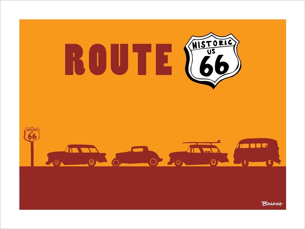 ROUTE 66 HOT RODS HWY SIGN | CANVAS | 3:4 RATIO | 1:3 RATIO | LIFESTYLE | ILLUSTRATION, Size: 4x12