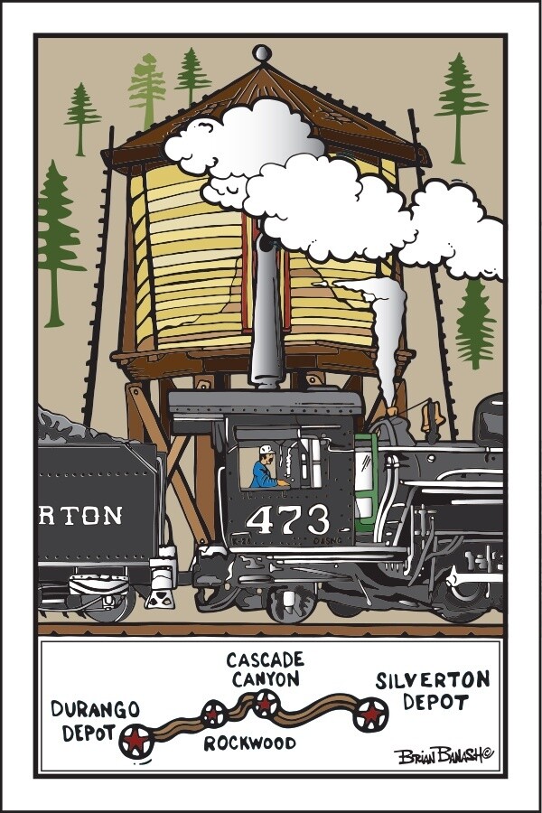 D&SNG RR ENGINE 473 WATER TOWER DEPOT STOPS | CANVAS | 2:3 RATIO | D&SNG | LIFESTYLE | ILLUSTRATION
