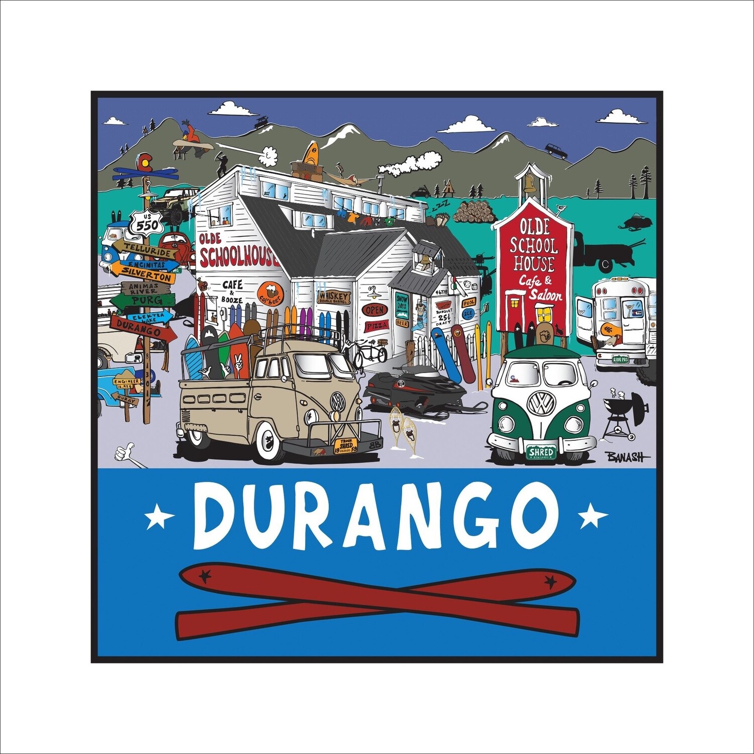 DURANGO OLDE SCHOOLHOUSE WINTER SKI DAYZ | CANVAS | 1:1 RATIO | LIFESTYLE | ILLUSTRATION, Size: 12x12