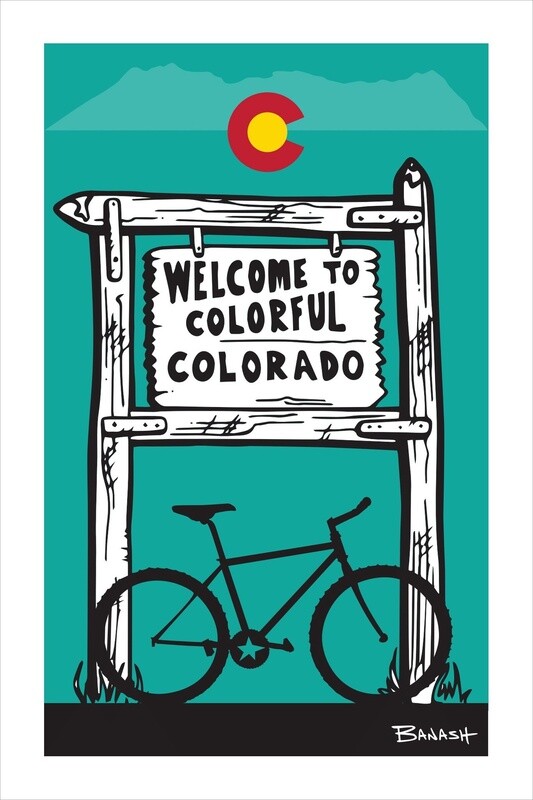 WELCOME SIGN MOUNTAIN BIKE CO LOGO BLK/AQUA | LOOSE PRINT | 2:3 RATIO | LIFESTYLE | ILLUSTRATION