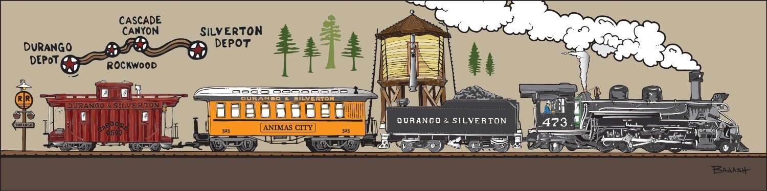 D&SNG LOCOMOTIVE 473 ANIMAS CITY COACH CABOOSE WATER TOWER DEPOT | CANVAS | D&SNG | 1:3 RATIO | LIFESTYLE | ILLUSTRATION
