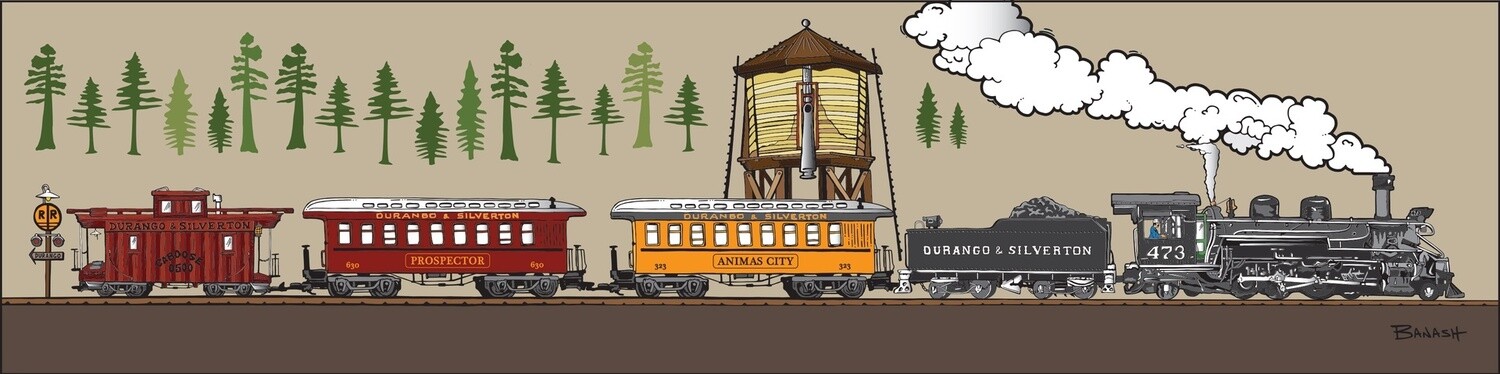 D&SNG LOCOMOTIVE 473 ANIMAS CITY & PROSPECTOR COACHES WATER TOWER PINES | LOOSE PRINT | D&SNG | 1:3 RATIO | LIFESTYLE | ILLUSTRATION