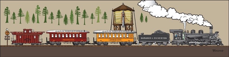 D&amp;SNG LOCOMOTIVE 473 ANIMAS CITY &amp; PROSPECTOR COACHES WATER TOWER PINES | LOOSE PRINT | D&amp;SNG | 1:3 RATIO | LIFESTYLE | ILLUSTRATION