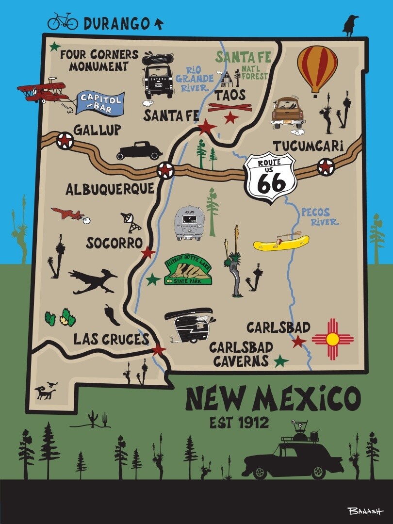 DESTINATIONS MAP NEW MEXICO | LOOSE PRINT | 3:4 RATIO | ILLUSTRATION | LIFESTYLE