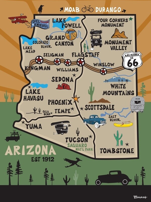 DESTINATIONS MAP ARIZONA | CANVAS | 3:4 RATIO | ILLUSTRATION | LIFESTYLE
