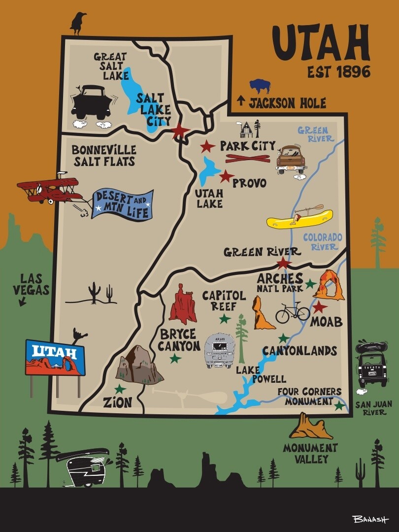 DESTINATIONS MAP UTAH | CANVAS | 3:4 RATIO | ILLUSTRATION | LIFESTYLE