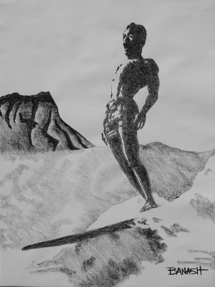 WAIKIKI BEACH RIDER LEAHI | CANVAS | CHARCOAL | PIONEERS OF SURF | 3:4 RATIO