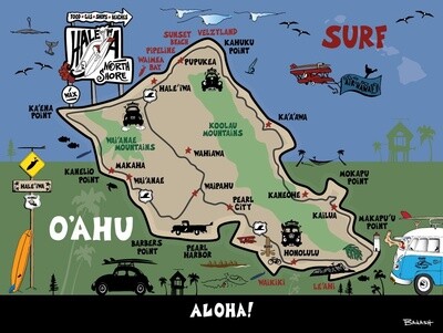 OAHU NORTH SHORE ISLE . ISLAND MAP | CANVAS | ILLUSTRATION | 3:4 RATIO