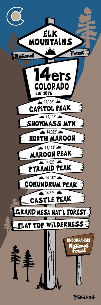 ELK MOUNTAINS 14ERS PEAKS | LOOSE PRINT | ILLUSTRATION | 1:3 RATIO