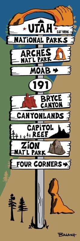 UTAH NATIONAL PARKS 5 SIGN POST | LOOSE PRINT | ILLUSTRATION | 1:3 RATIO