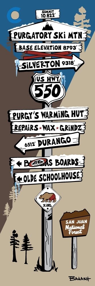PURGATORY SKI MOUNTAIN SUMMIT SIGN POST | LOOSE PRINT | ILLUSTRATION | 1:3 RATIO