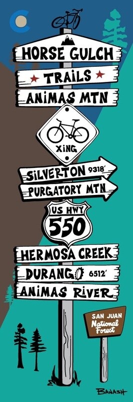DURANGO MOUNTAIN BIKE TRAILS SIGN POST | CANVAS | ILLUSTRATION | 1:3 RATIO