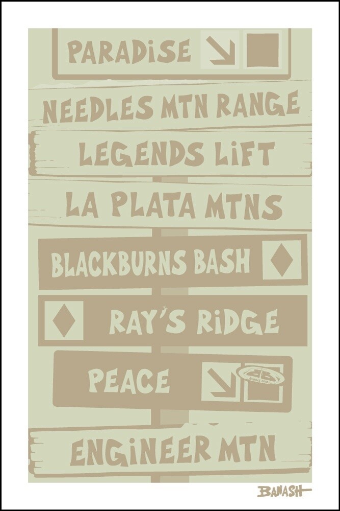 DURANGO PURGATORY SKI RUNS SIGN POST DRIFTWOOD | LOOSE PRINT | ILLUSTRATION | 2:3 RATIO