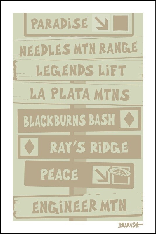 DURANGO PURGATORY SKI RUNS SIGN POST DRIFTWOOD | CANVAS | ILLUSTRATION | 2:3 RATIO