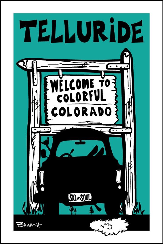 TELLURIDE WELCOME SIGN SKI PICKUP GRILL BLKNAQUA | CANVAS | ILLUSTRATION | 2:3 RATIO
