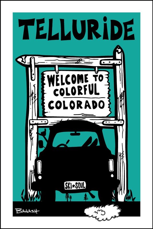 TELLURIDE WELCOME SIGN SKI PICKUP GRILL BLKNAQUA | LOOSE PRINT | ILLUSTRATION | 2:3 RATIO