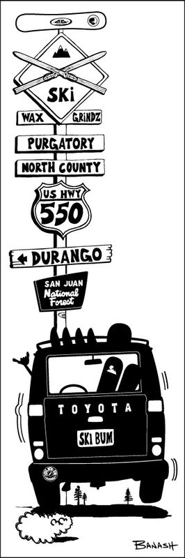 PURGATORY DURANGO SKI BOARD LAND CRUISER TAIL HWY 550 SIGN POST | CANVAS | ILLUSTRATION | 1:3 RATIO