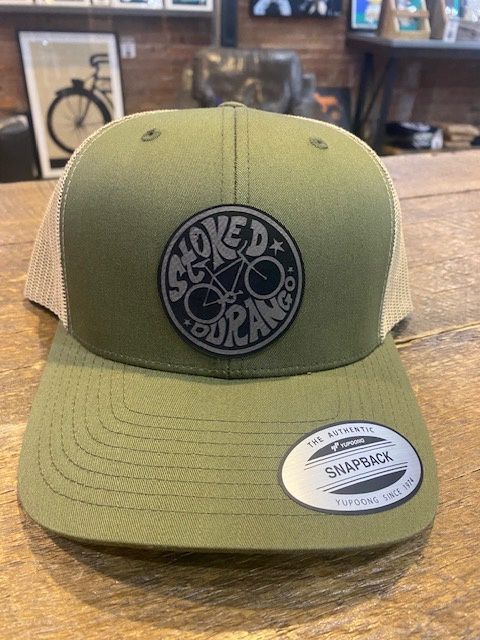 STOKED DURANGO MOUNTAIN BIKE | LEATHER PATCH | 6-PANEL PRO STYLE MESH HAT, PATCH: LEATHER, COLOR: MOSS | KHAKI