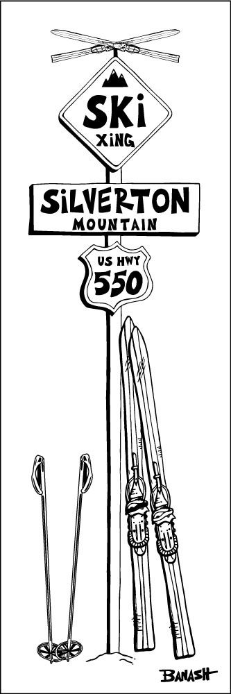SILVERTON SKI XING VINTAGE SKIIS HWY 550 SIGN POST  | LOOSE PRINT | ILLUSTRATION | 1:3 RATIO