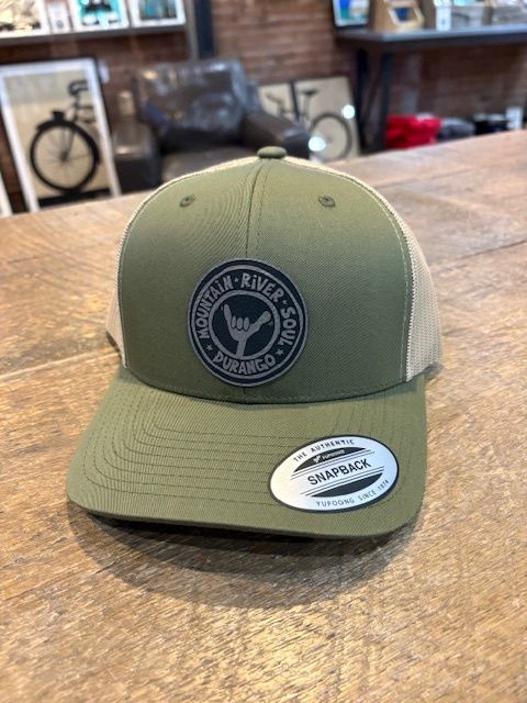 MOUNTAIN RIVER SOUL LOGO | LEATHER PATCH | 6-PANEL PRO STYLE MESH HAT, PATCH: LEATHER, COLOR: MOSS | KHAKI
