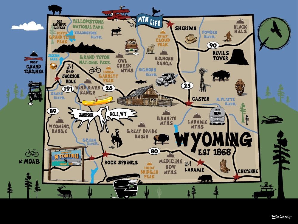 WYOMING DESTINATIONS MAP | LOOSE PRINT | ILLUSTRATION | 3:4 RATIO