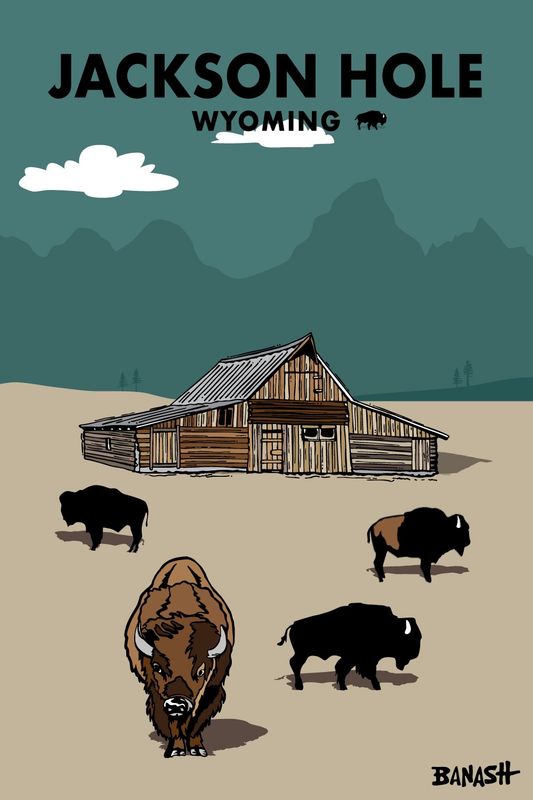 JACKSON HOLE BARN GRAND TETONS BISON | CANVAS | ILLUSTRATION | 2:3 RATIO