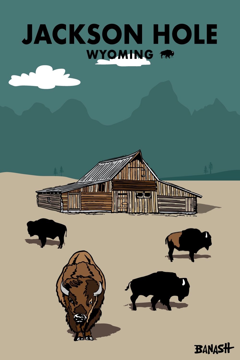 JACKSON HOLE BARN GRAND TETONS BISON | LOOSE PRINT | ILLUSTRATION | 2:3 RATIO
