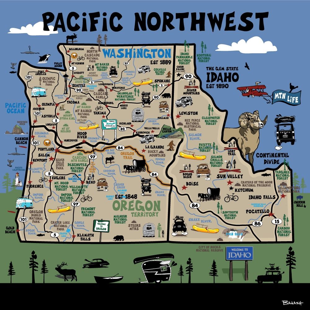 PACIFIC NORTHWEST DESTINATIONS MAP | LOOSE PRINT | ILLUSTRATION | 1:1 RATIO