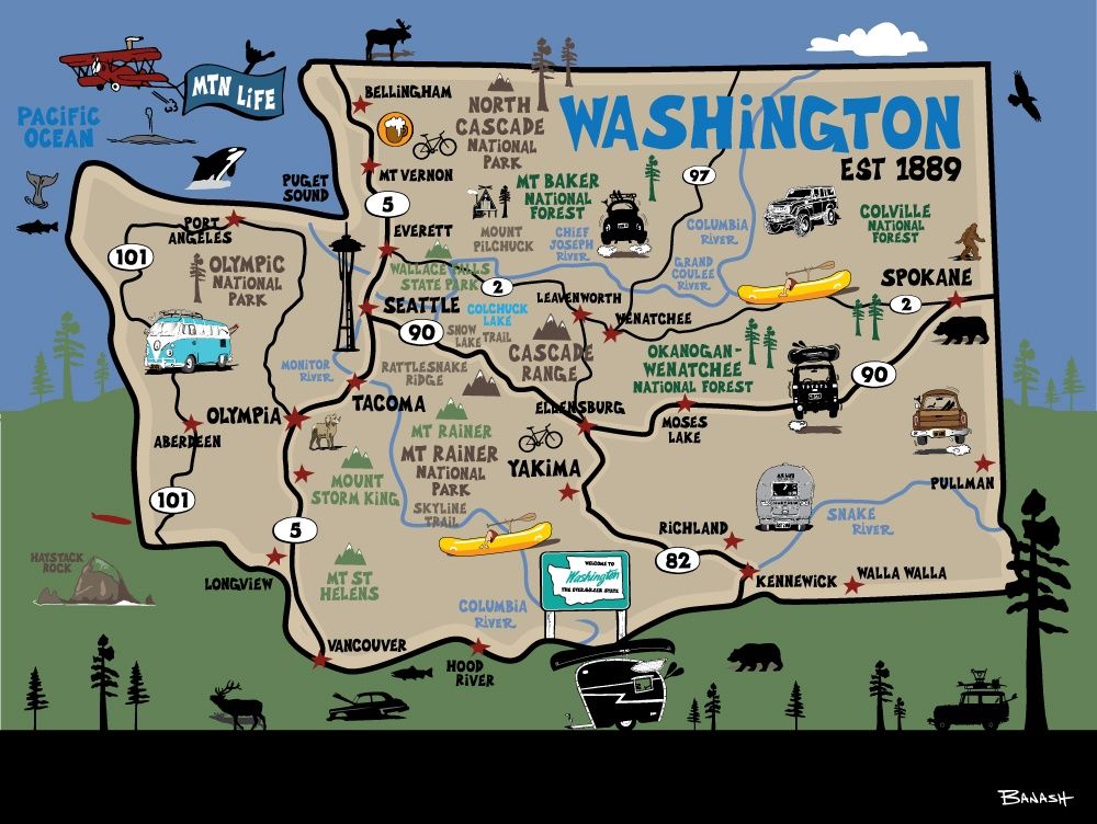 WASHINGTON DESTINATIONS MAP | LOOSE PRINT | ILLUSTRATION | 3:4 RATIO