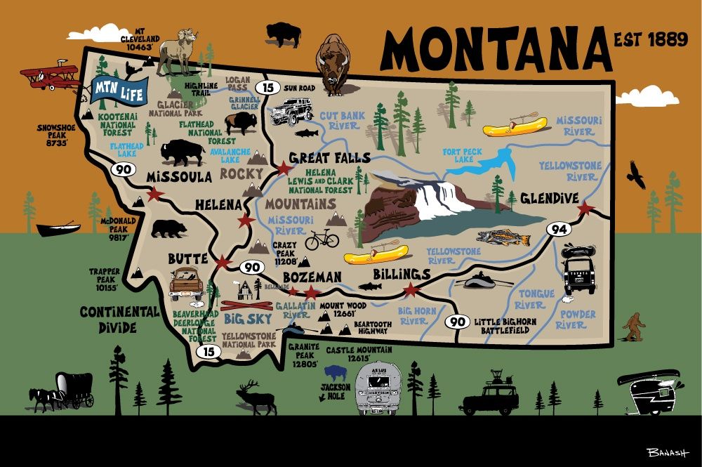 MONTANA DESTINATIONS MAP | LOOSE PRINT | ILLUSTRATION | 2:3 RATIO