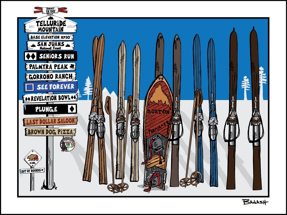 TELLURIDE MOUNTAIN SKI RUNS TOWN SIGN POST VINTAGE SKIIS SNOWBOARD | LOOSE PRINT | ILLUSTRATION | 3:4 RATIO