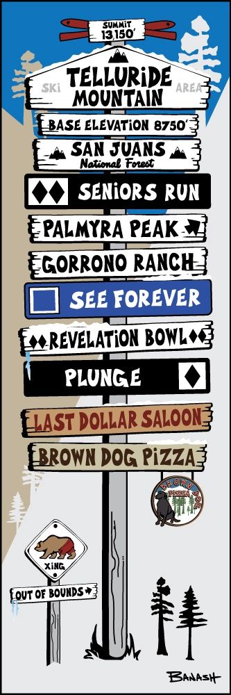 TELLURIDE MOUNTAIN SKI RUNS TOWN SIGN POST | CANVAS | ILLUSTRATION | 1:3 RATIO