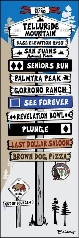 TELLURIDE MOUNTAIN SKI RUNS TOWN SIGN POST | CANVAS | ILLUSTRATION | 1:3 RATIO