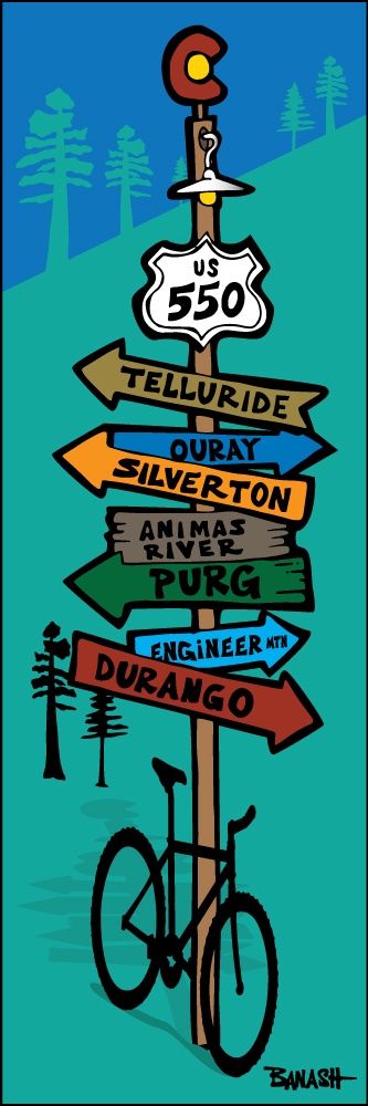 TELLURIDE DURANGO HWY 550 SIGN POST MOUNTAIN BIKE SEAFOAM | CANVAS | ILLUSTRATION | 1:3 RATIO