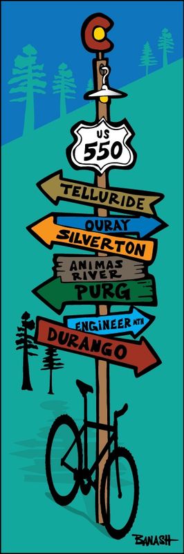 TELLURIDE DURANGO HWY 550 SIGN POST MOUNTAIN BIKE SEAFOAM | LOOSE PRINT | ILLUSTRATION | 1:3 RATIO