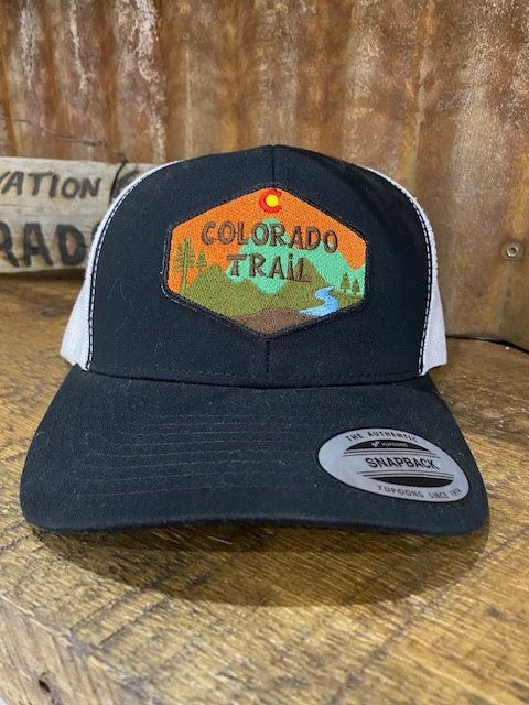 COLORADO TRAIL LOGO | STITCHED PATCH | 6-PANEL PRO STYLE MESH HAT, PATCH: STITCHED, COLOR: BLACK | WHITE