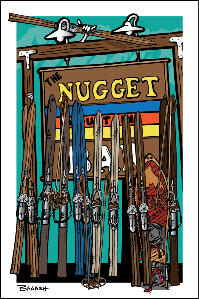 THE NUGGET MOUNTAIN BAR SIGN VINTAGE SKIIS | LOOSE PRINT | ILLUSTRATION | 2:3 RATIO