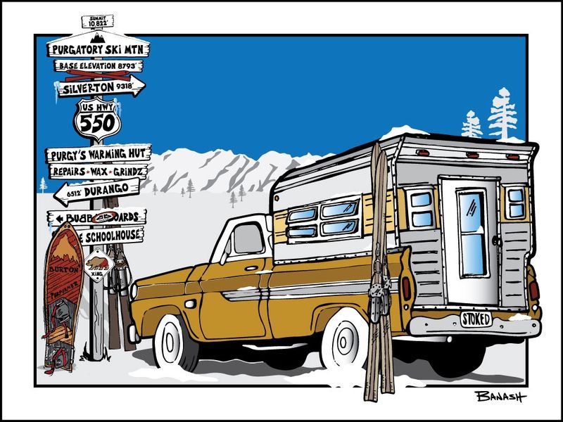 PURGATORY SIGN POST SKI PICKUP CAMPER | CANVAS | ILLUSTRATION | 3:4 RATIO