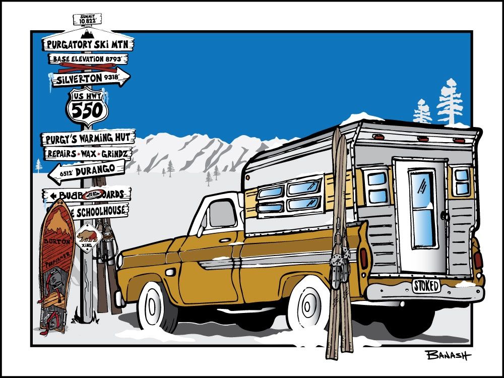 PURGATORY SIGN POST SKI PICKUP CAMPER | LOOSE PRINT | ILLUSTRATION | 3:4 RATIO