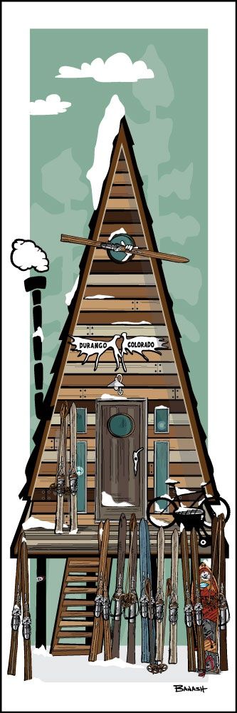 DURANGO COLORADO A FRAME VINTAGE SKIIS PINES | CANVAS | ILLUSTRATION | 1:3 RATIO
